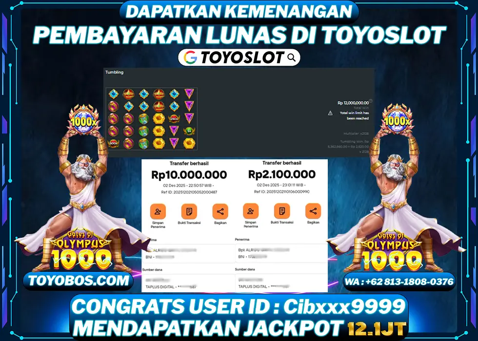 TOYOSLOT - BUKTI KEMENANGAN MAXWIN Gates of Olympus 1000 Rp12,100,000,- LUNAS